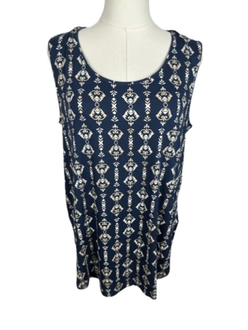JM Collection Navy Tank with White Medallion Print